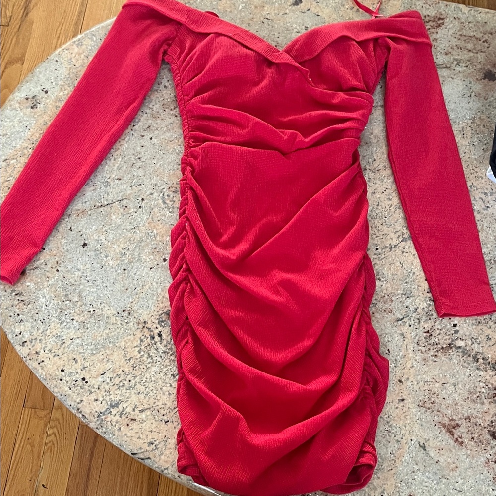 City Studio Vibrant Red Off-Shoulder Ruched Long Sleeve Bodycon Dress
